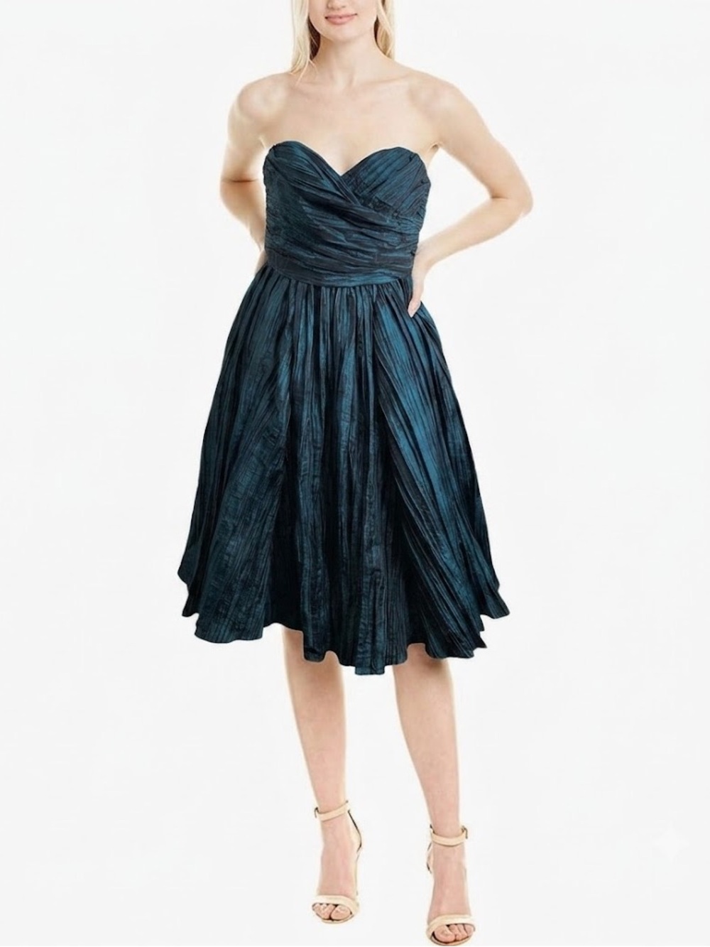 ABS Schwartz Y2K Strapless Tea-Length Taffeta Dress in Teal